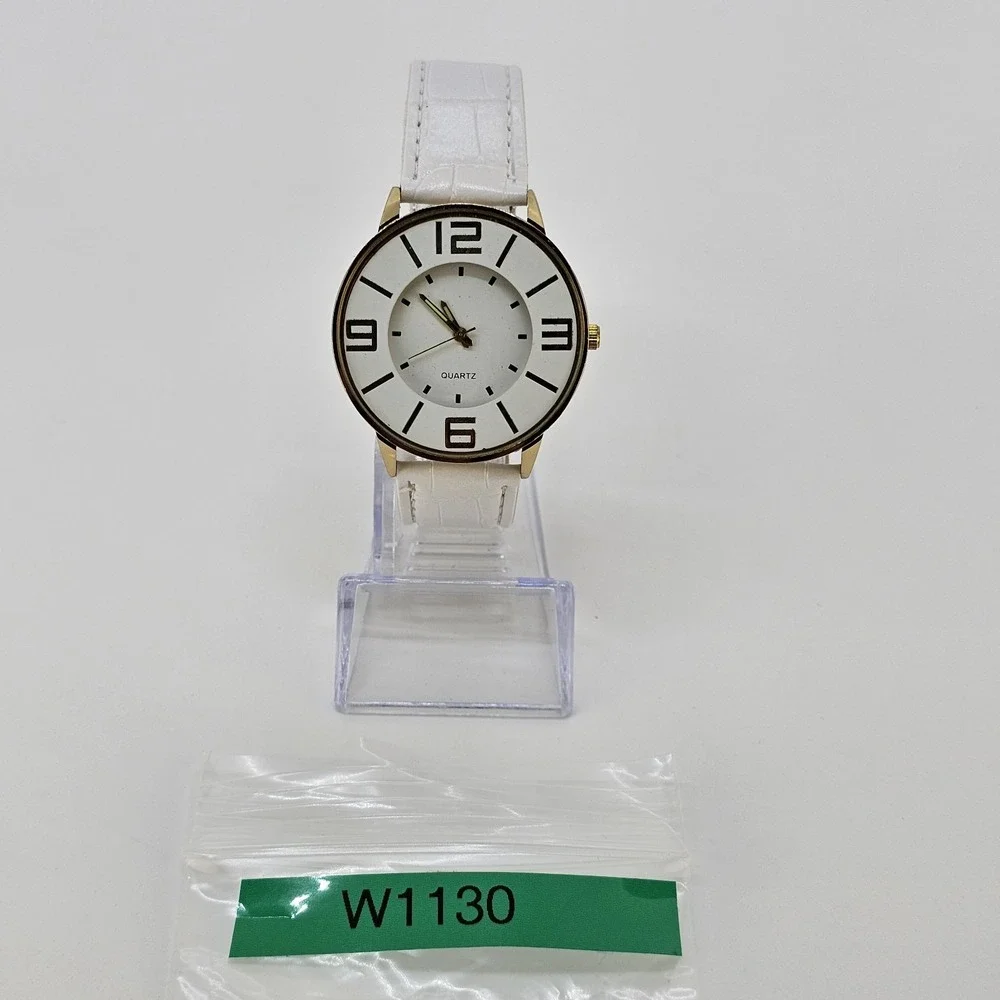 Unisex Analog Watch 40MM White Dial White Faux Leather Bands New Battery